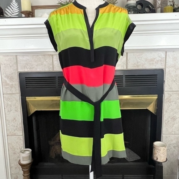 Twelfth Street By Cynthia Vincent Bright Color Block Silk Shirt Dress With A Tie - Picture 3 of 12